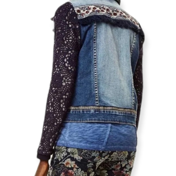 Desigual jean jacket with crochet knit overlay removable collar size 38 - Picture 13 of 16